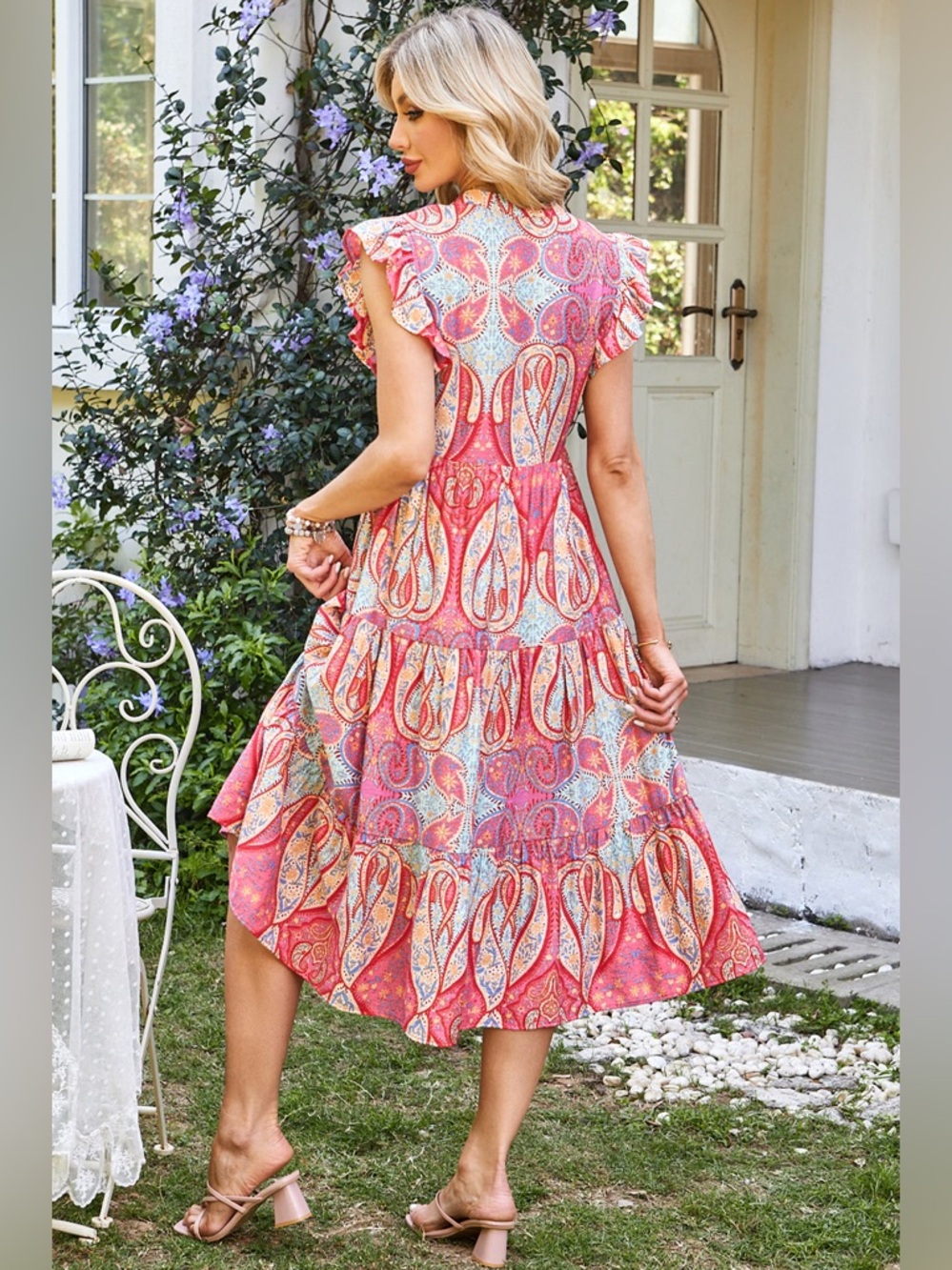 Tribal Paisley Print Ruffled Sleeve Notch Neck Midi Dress- Charming Charlie Med - Picture 3 of 8